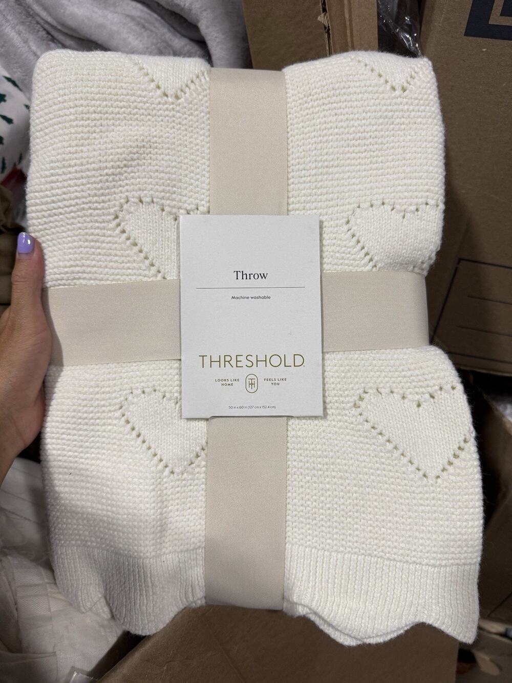 NEW Threshold Throw Blanket Sweater Ivory W/ Hearts 50”x60” Valentine's Day